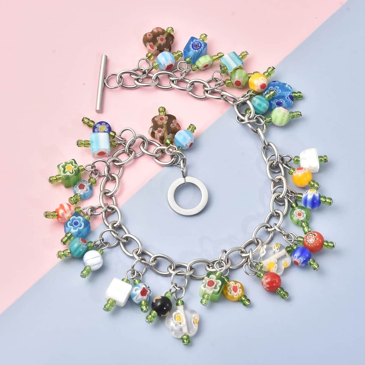 Multi Color Murano Style and Green Glass Charms Bracelet in Stainless Steel, Colorful Sweatproof Hypoallergenic Bracelet, Gift For Her (8.00 In) image number 1