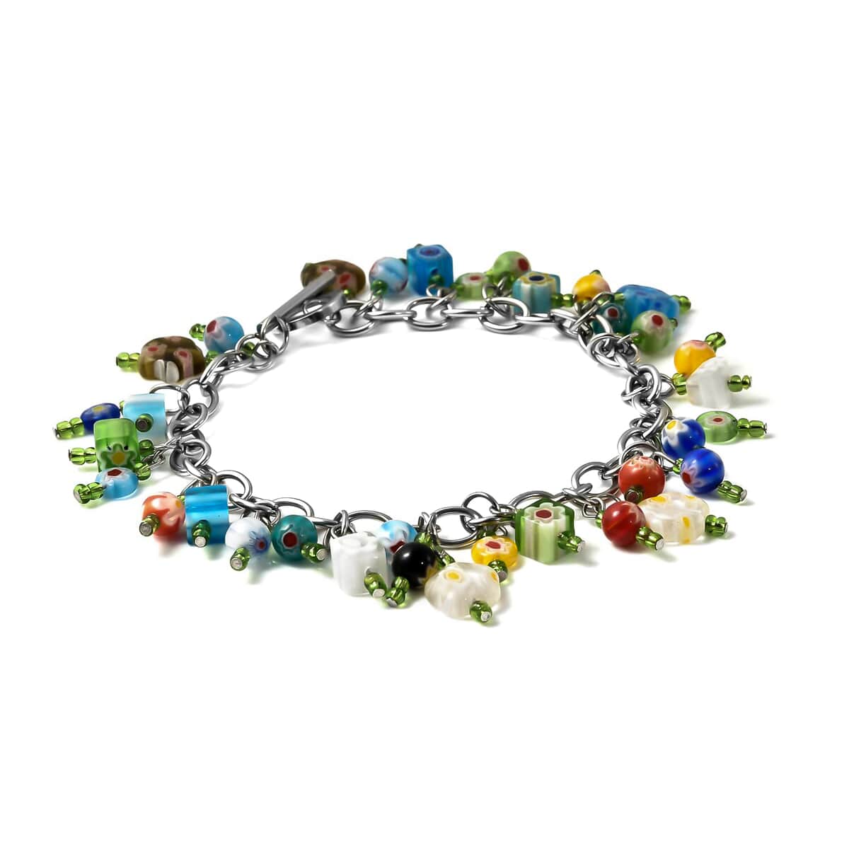Multi Color Murano Style and Green Glass Charms Bracelet in Stainless Steel, Colorful Sweatproof Hypoallergenic Bracelet, Gift For Her (8.00 In) image number 2