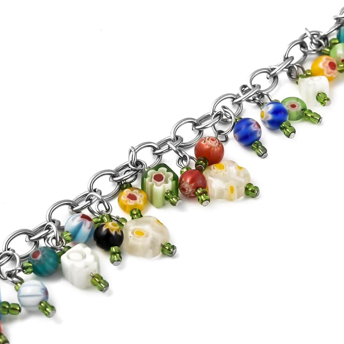Multi Color Murano Style and Green Glass Charms Bracelet in Stainless Steel, Colorful Sweatproof Hypoallergenic Bracelet, Gift For Her (8.00 In) image number 3