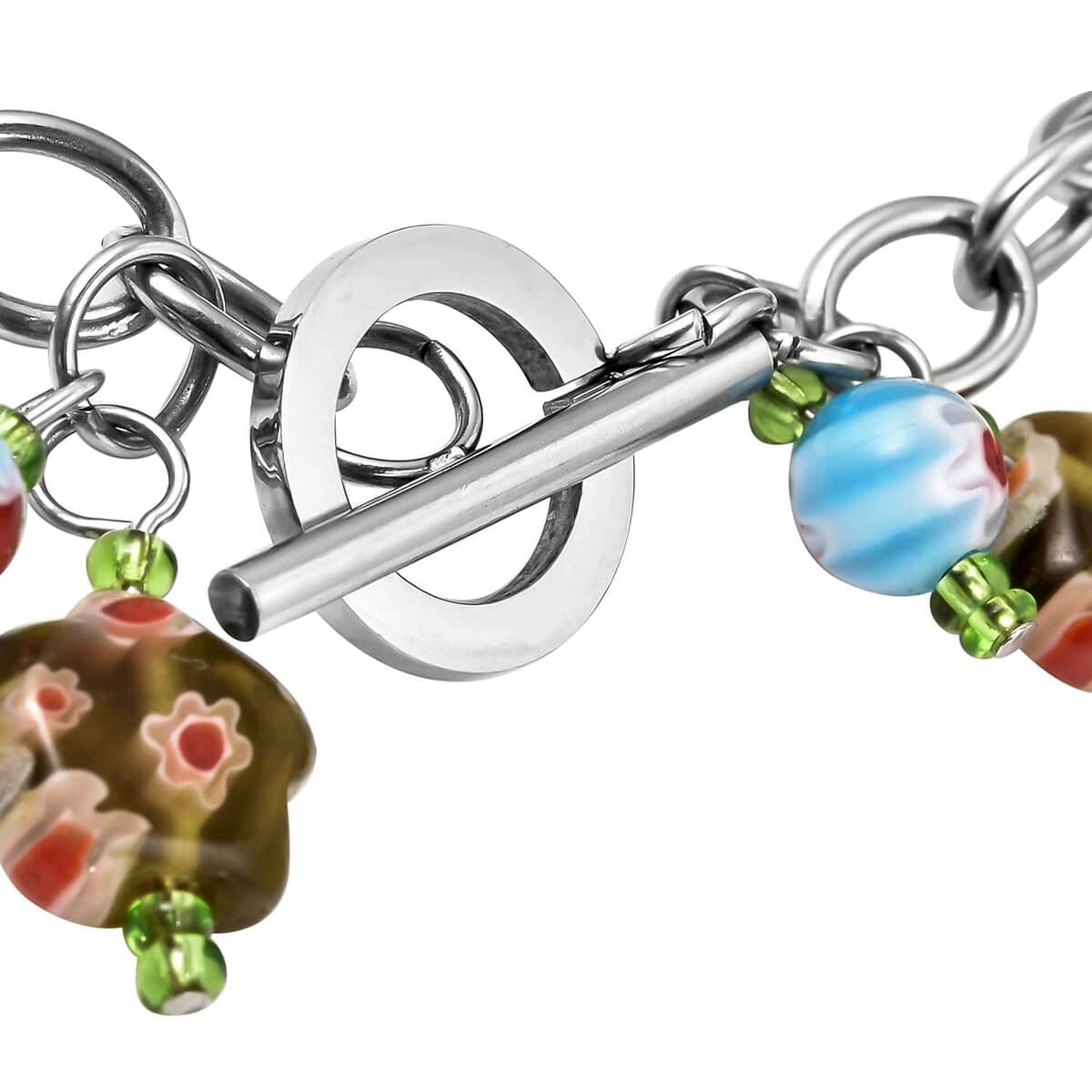 Multi Color Murano Style and Green Glass Charms Bracelet in Stainless Steel, Colorful Sweatproof Hypoallergenic Bracelet, Gift For Her (8.00 In) image number 4