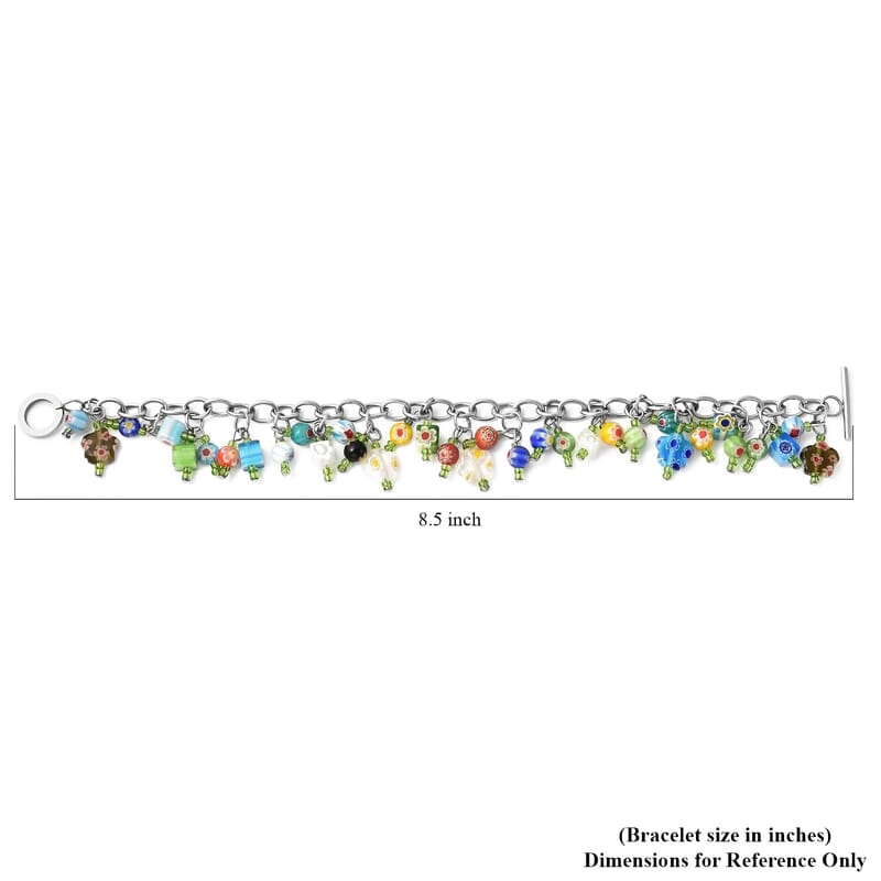 Multi Color Murano Style and Green Glass Charms Bracelet in Stainless Steel, Colorful Sweatproof Hypoallergenic Bracelet, Gift For Her (8.00 In)