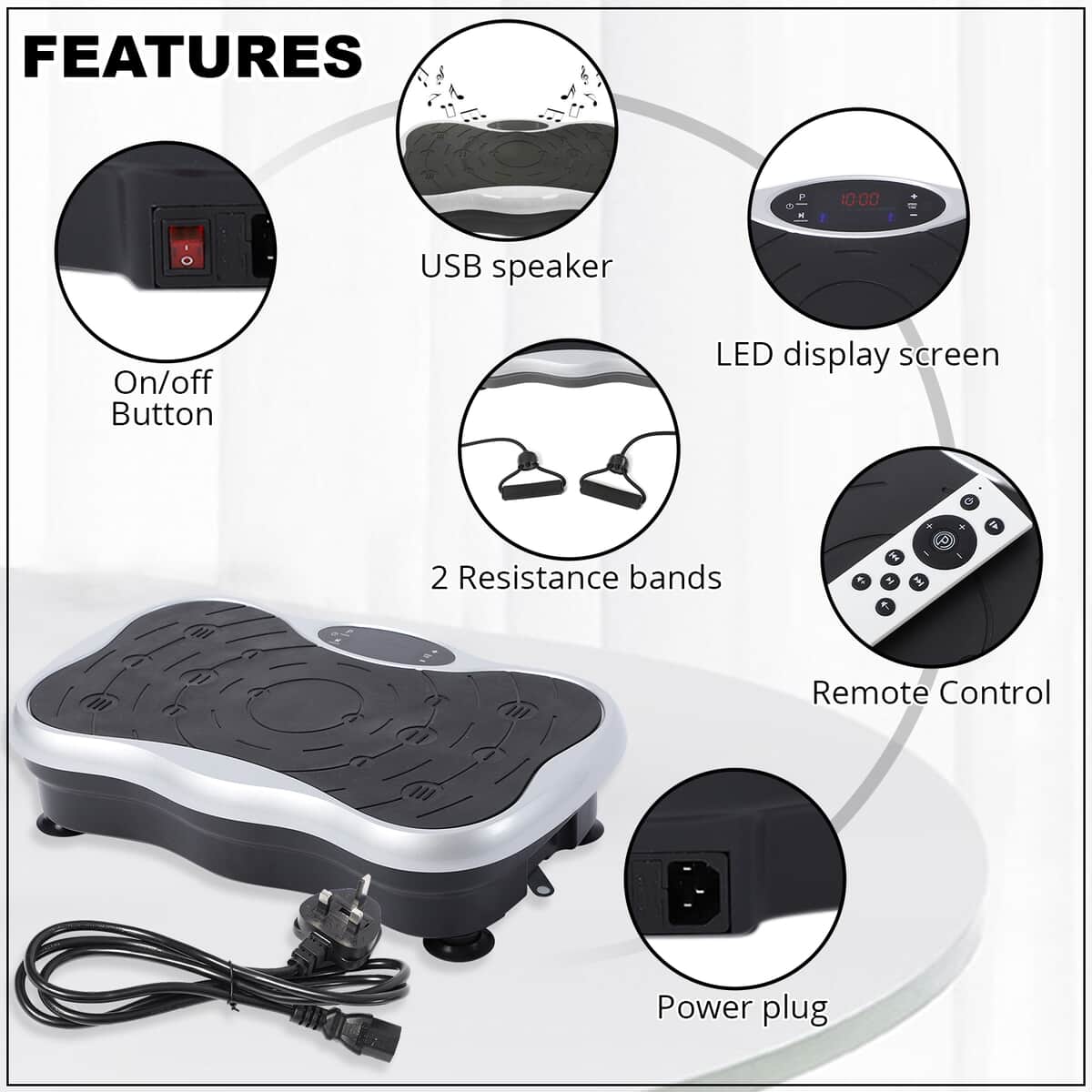 SoulSmart Whole Body Fitness Vibration Platform with Resistance Bands, Remote, & USB Speaker (200 W) White image number 2
