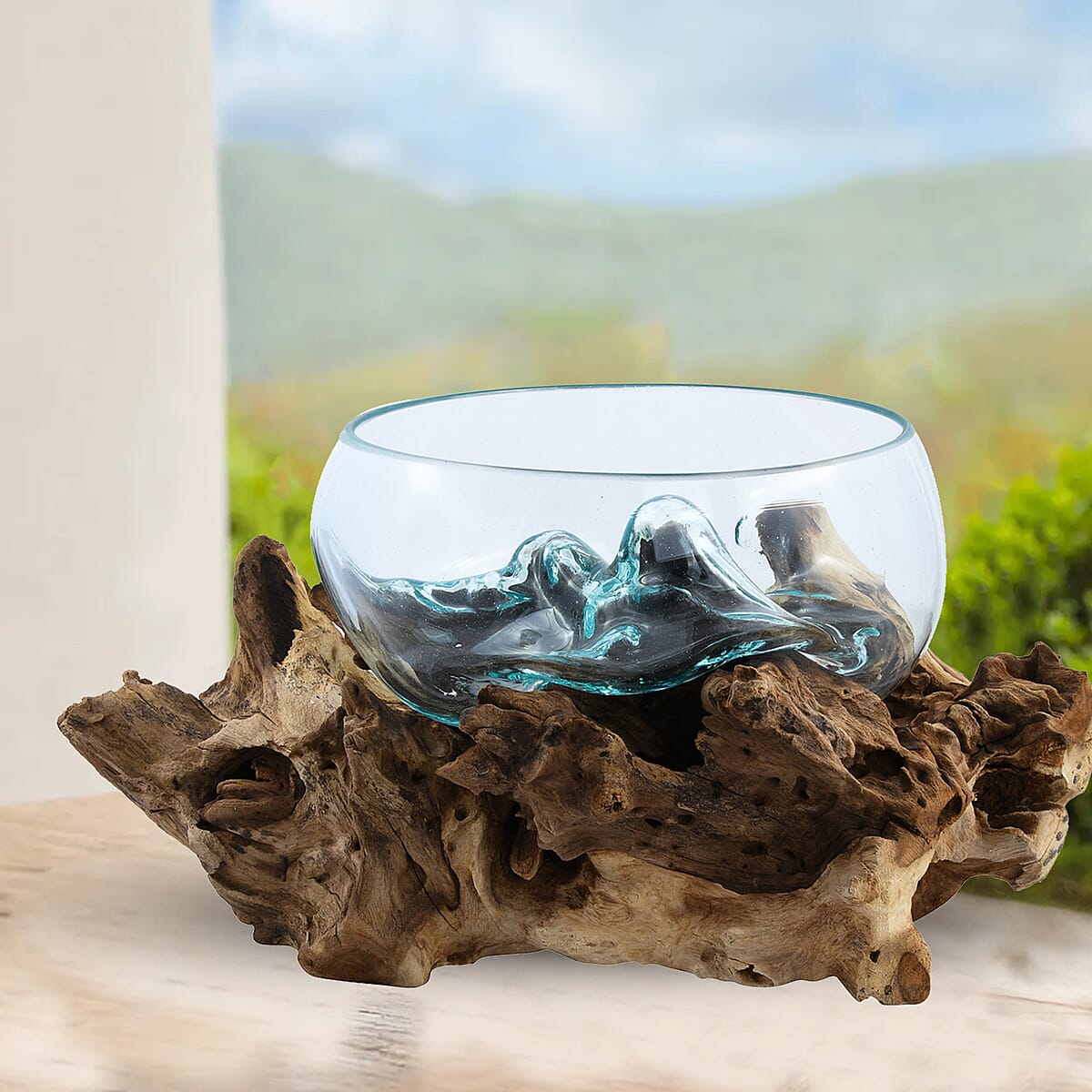 Designer Inspired Artisan Commissioned Bali Handblown Glass Bowl with Wood Base image number 1