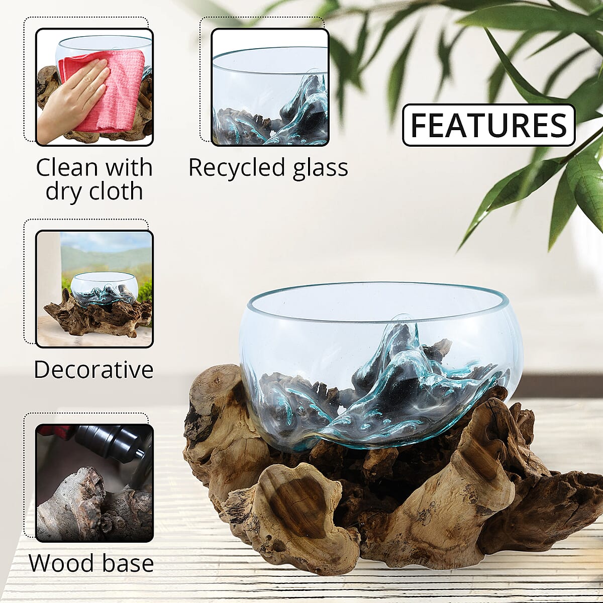 Designer Inspired Artisan Commissioned Bali Handblown Glass Bowl with Wood Base image number 2