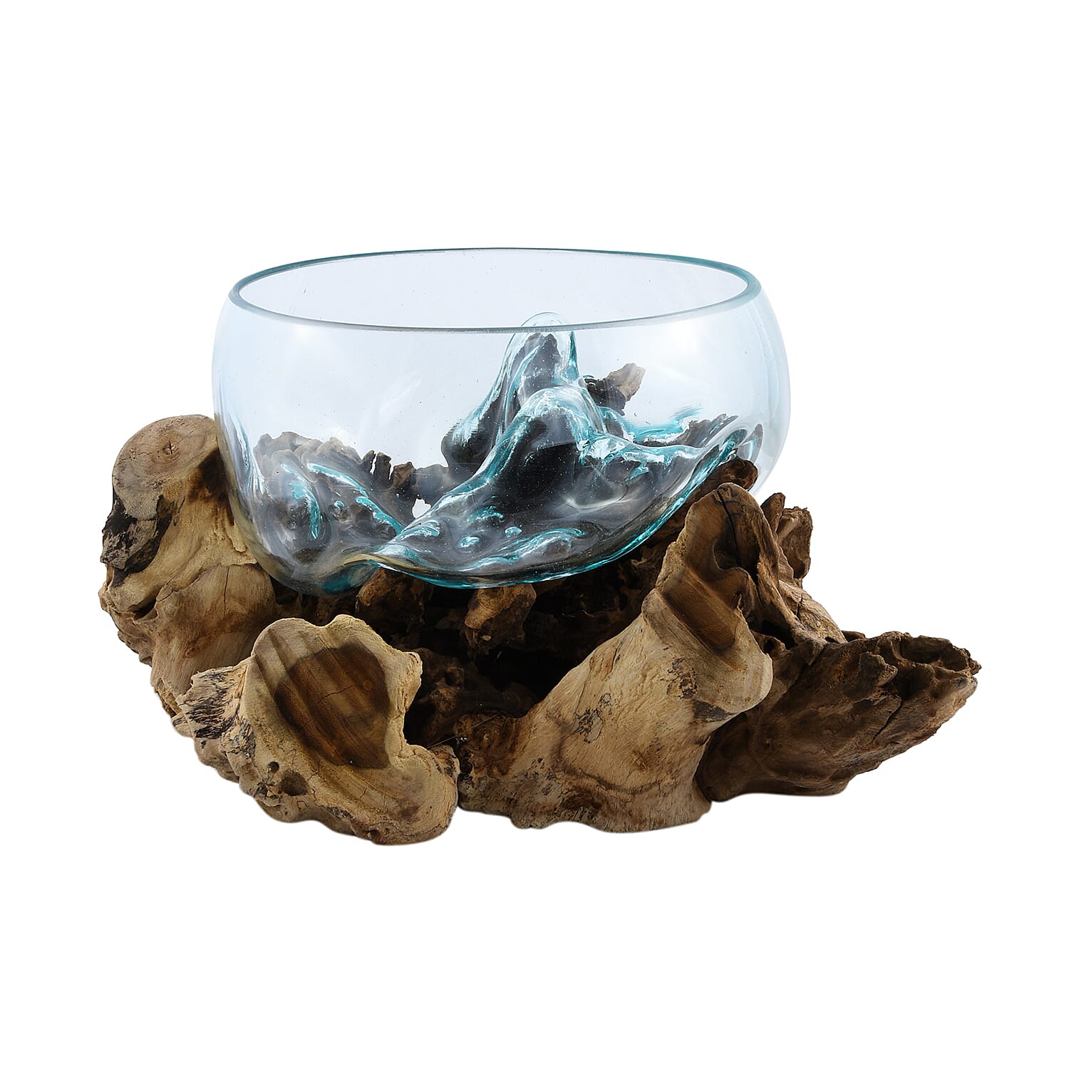 Designer Inspired Artisan Commissioned Bali Handblown Glass Bowl with Wood Base
