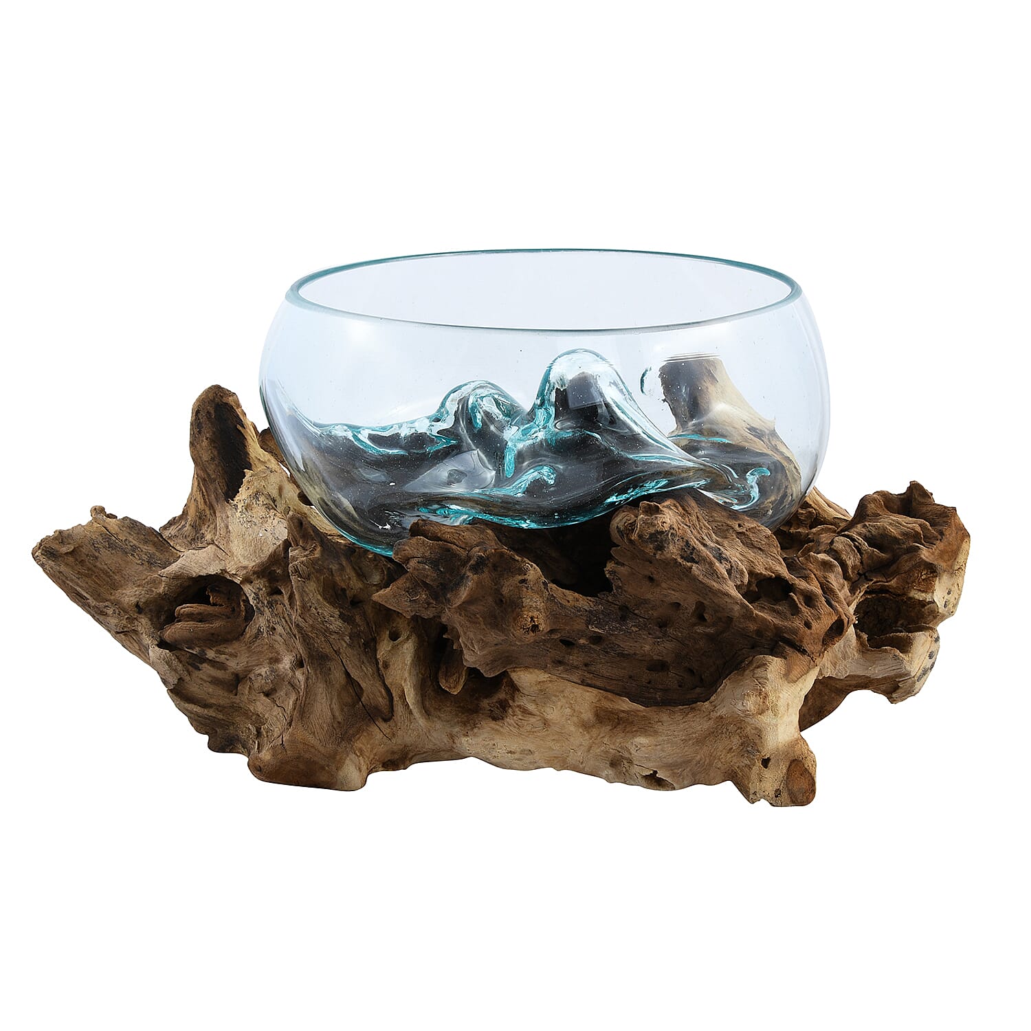 Designer Inspired Artisan Commissioned Bali Handblown Glass Bowl with Wood Base
