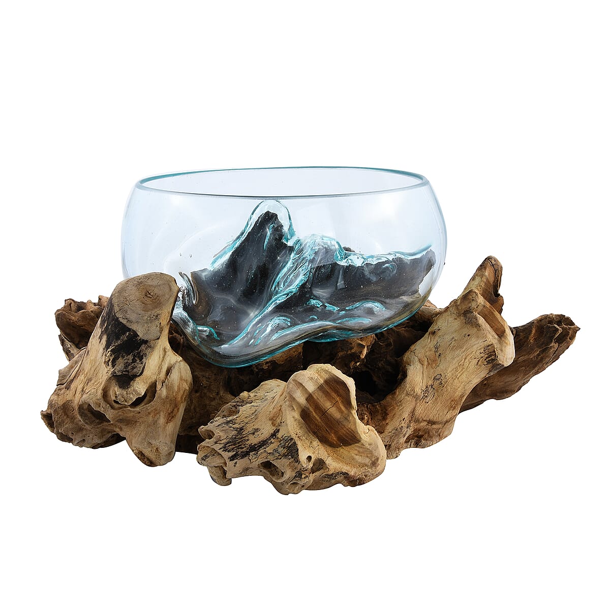 Designer Inspired Artisan Commissioned Bali Handblown Glass Bowl with Wood Base image number 6