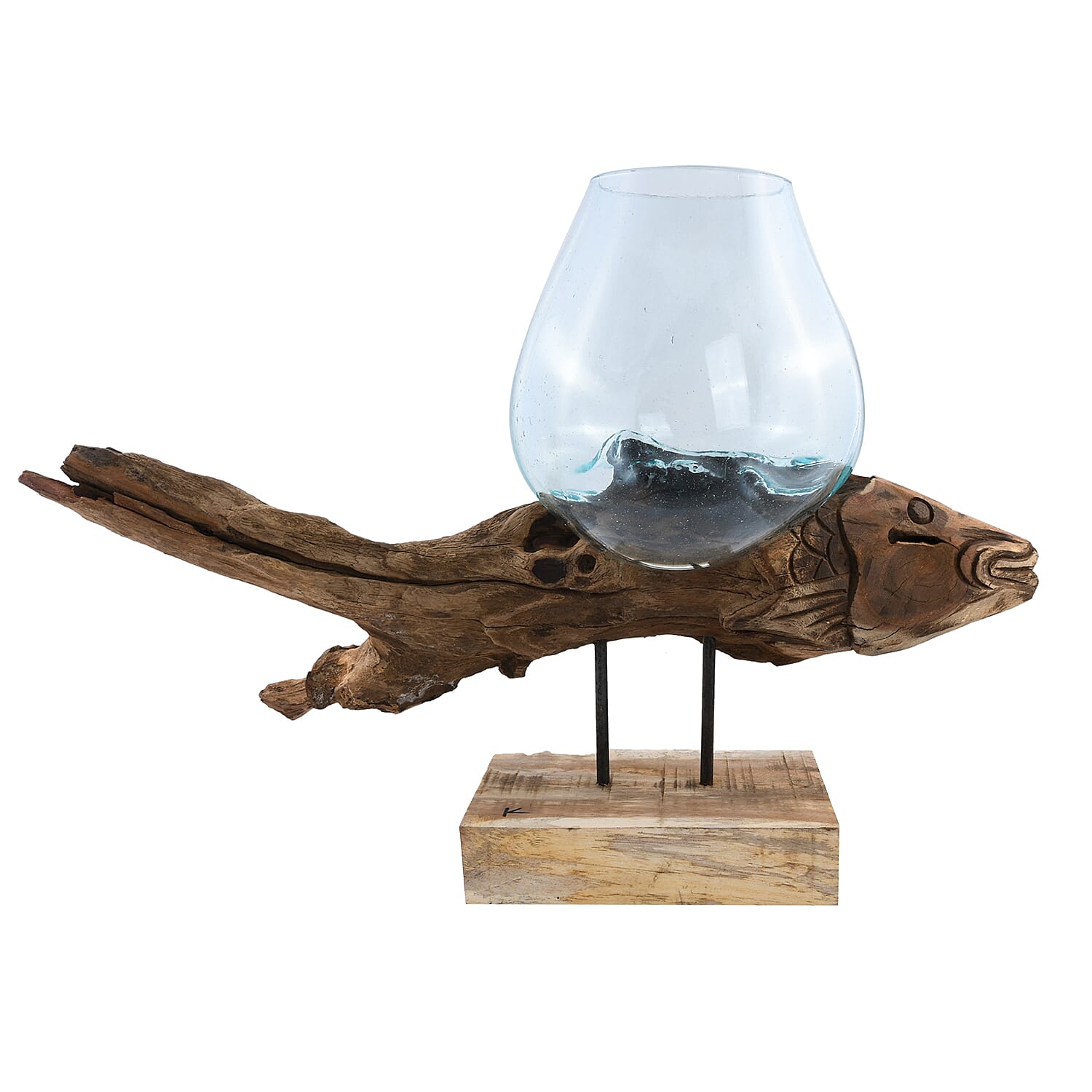 EXCLUSIVE LAUNCH Jardin Collection Handmade in Bali Molten Glass Bowl on Exotic Wooden Carved Base