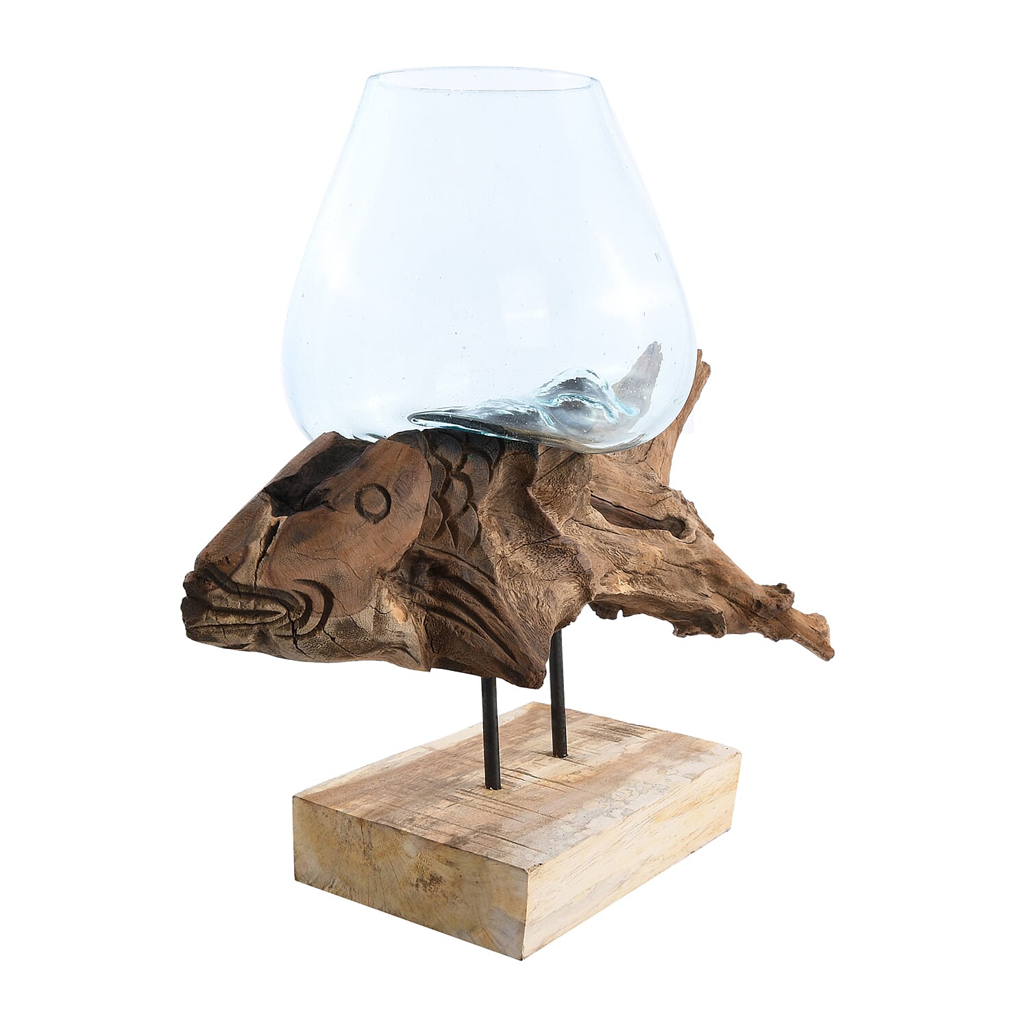 EXCLUSIVE LAUNCH Jardin Collection Handmade in Bali Molten Glass Bowl on Exotic Wooden Carved Base