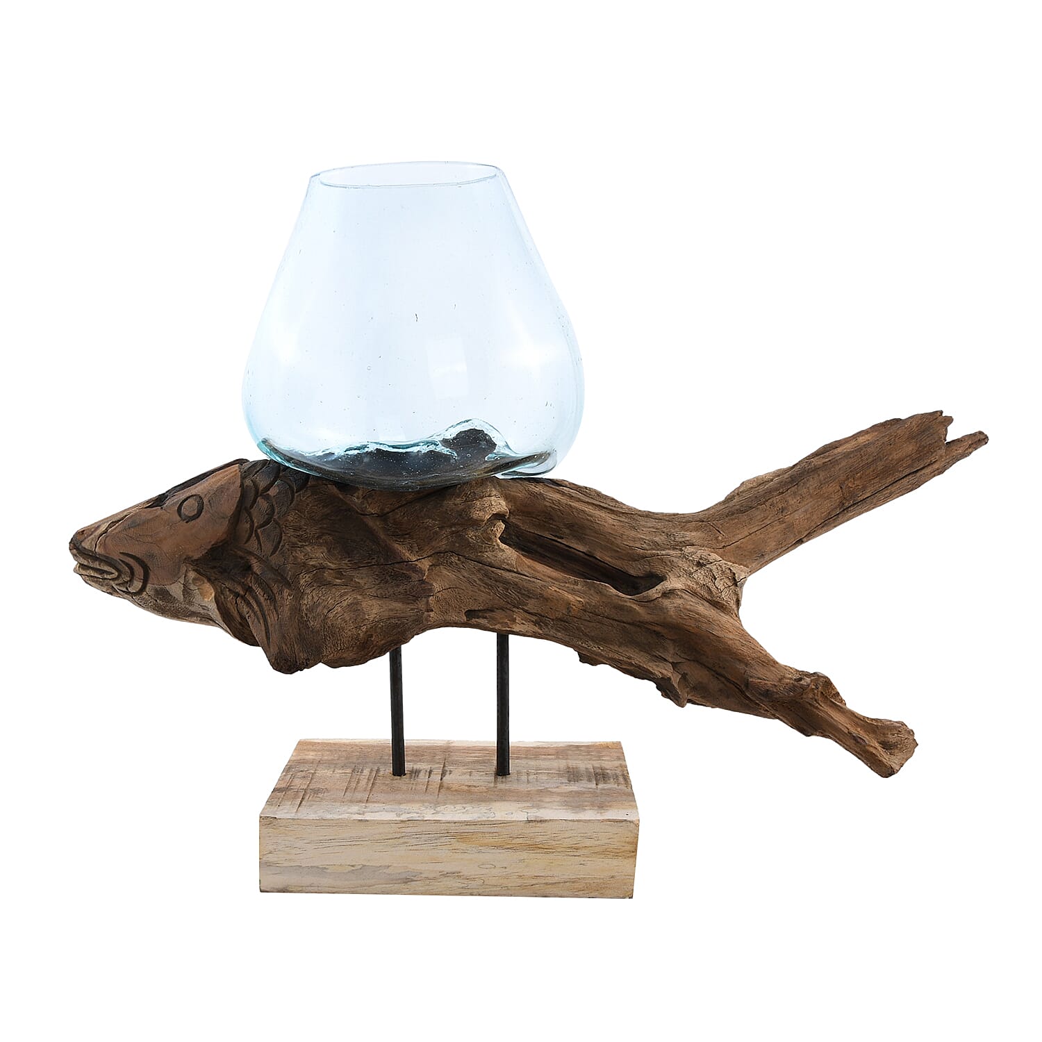 EXCLUSIVE LAUNCH Jardin Collection Handmade in Bali Molten Glass Bowl on Exotic Wooden Carved Base