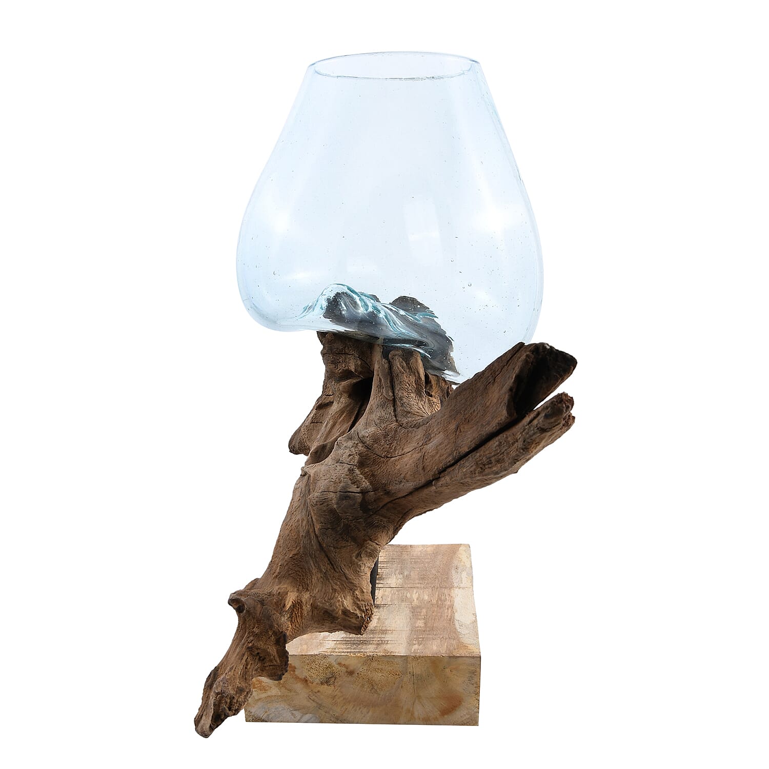 EXCLUSIVE LAUNCH Jardin Collection Handmade in Bali Molten Glass Bowl on Exotic Wooden Carved Base
