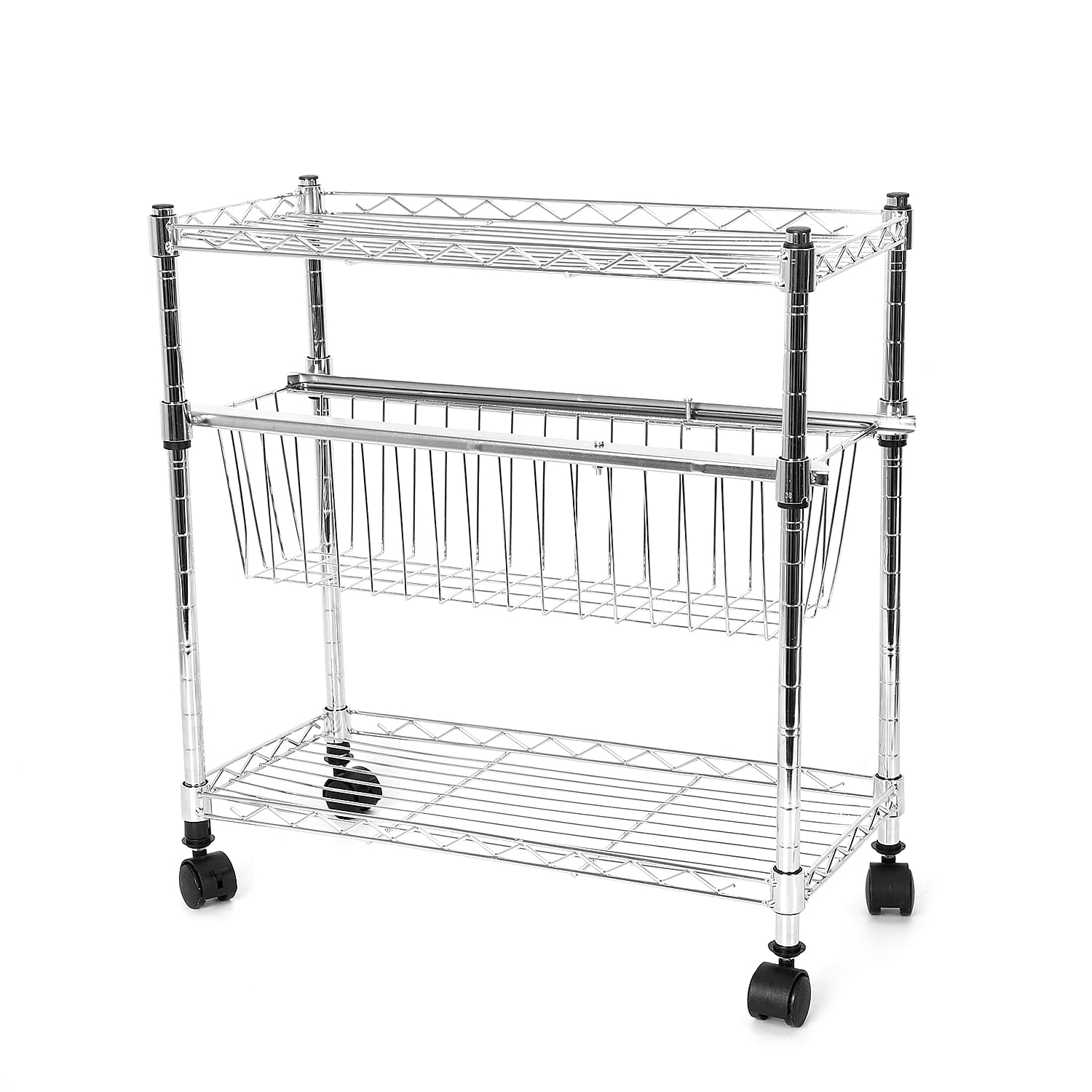 Stainless Steel 3 Tiers Multi Purpose Kitchen Rack with Basket and Wheel