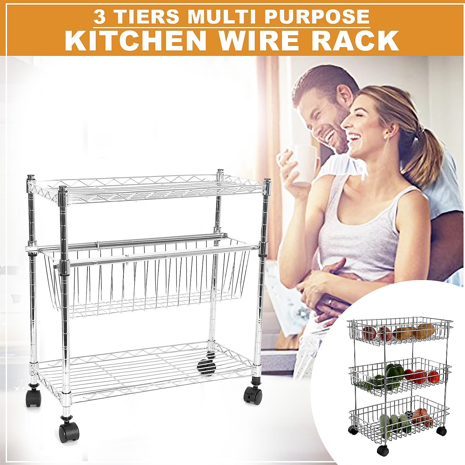 Stainless Steel 3 Tiers Multi Purpose Kitchen Rack with Basket and Wheel