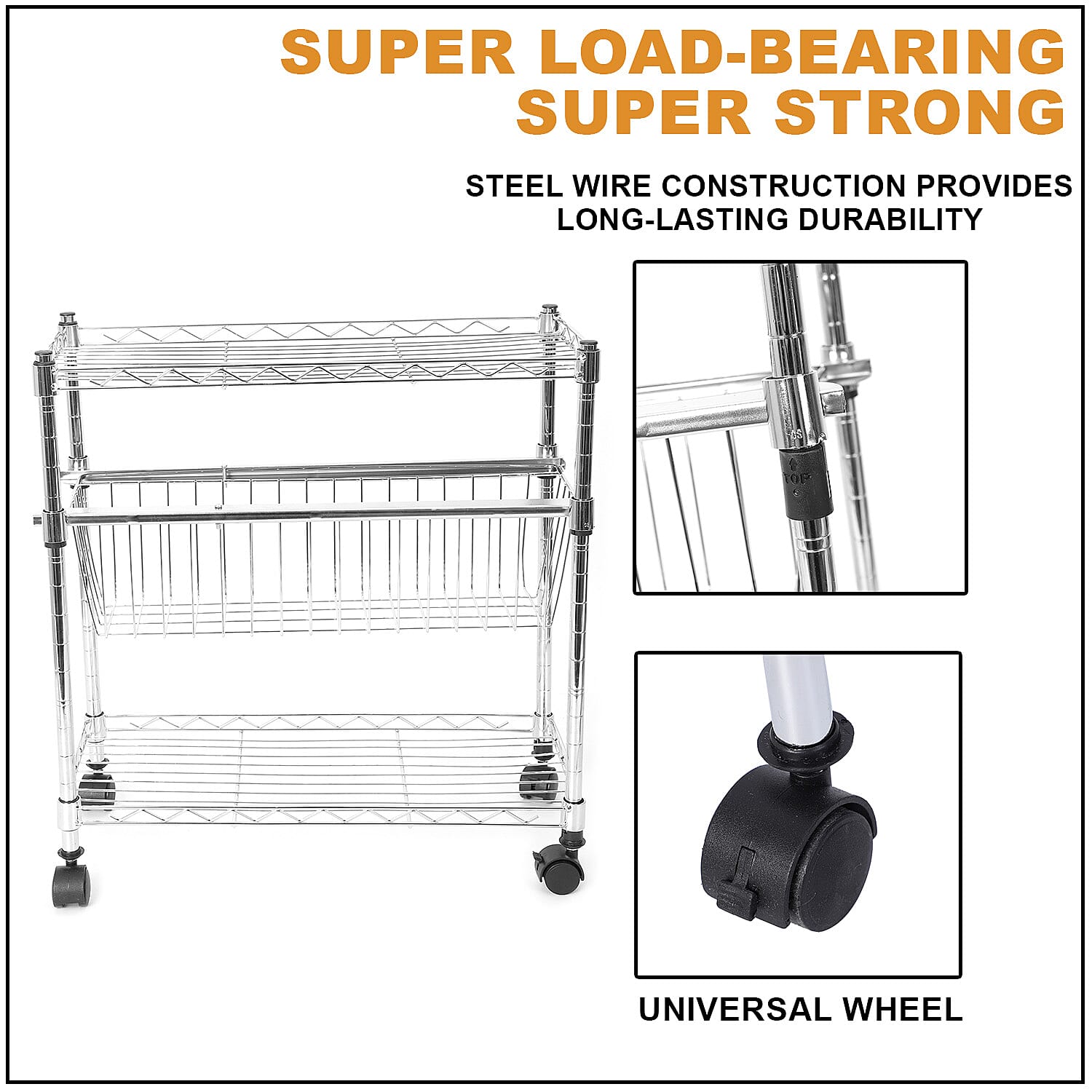Stainless Steel 3 Tiers Multi Purpose Kitchen Rack with Basket and Wheel