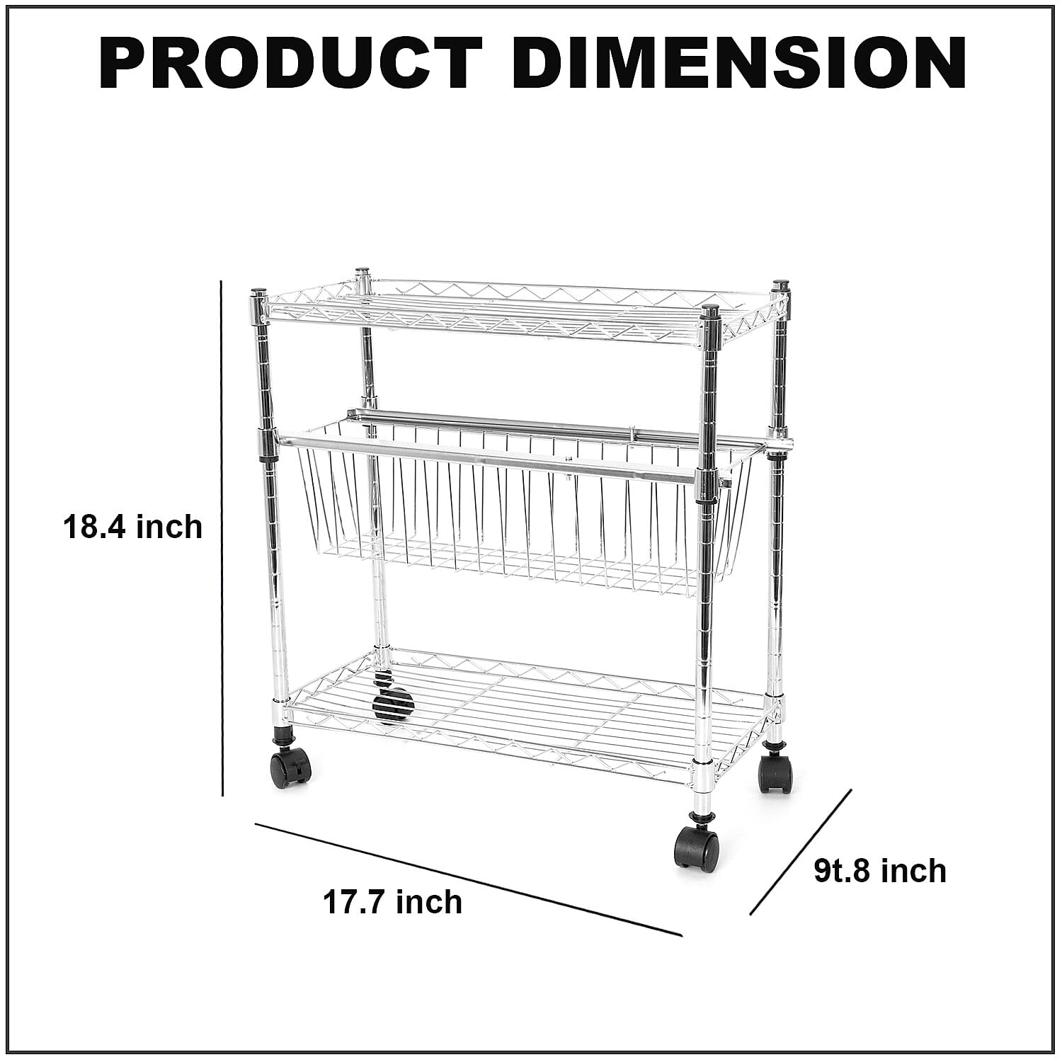 Stainless Steel 3 Tiers Multi Purpose Kitchen Rack with Basket and Wheel