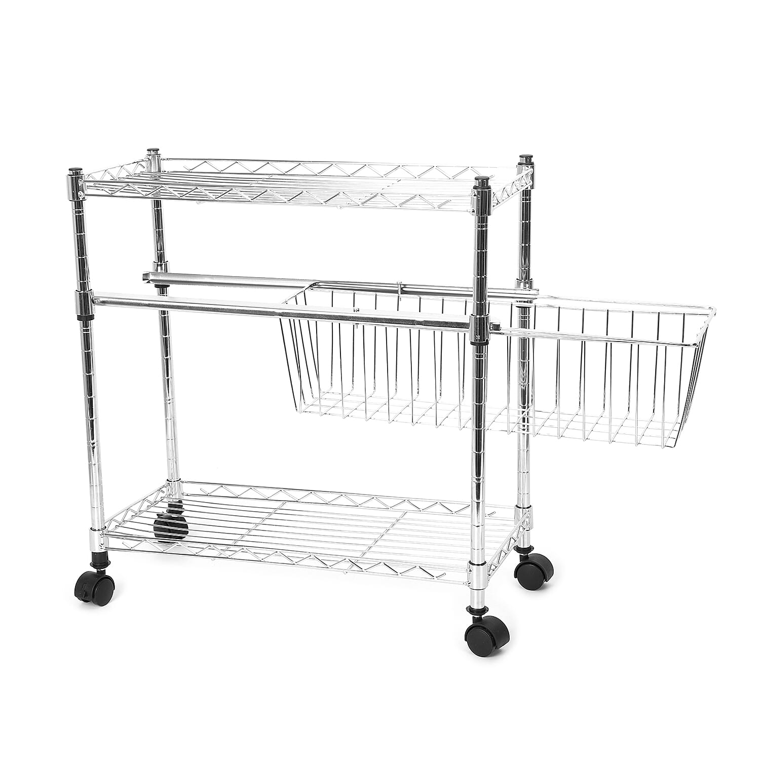 Stainless Steel 3 Tiers Multi Purpose Kitchen Rack with Basket and Wheel