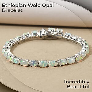 D'Joy Premium Ethiopian Opal 11.40 ctw Bracelet in Platinum Plated Sterling Silver, Silver Tennis, Opal Tennis Bracelet, Welo Opal Jewelry (8.00 In)