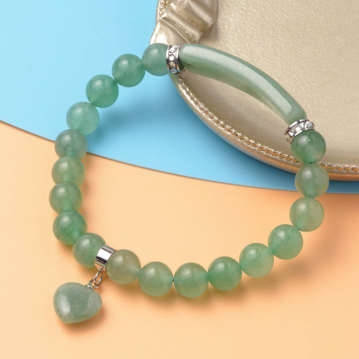 Green Aventurine and Austrian Crystal Stretch Bracelet in Stainless Steel 110.00 ctw image number 1