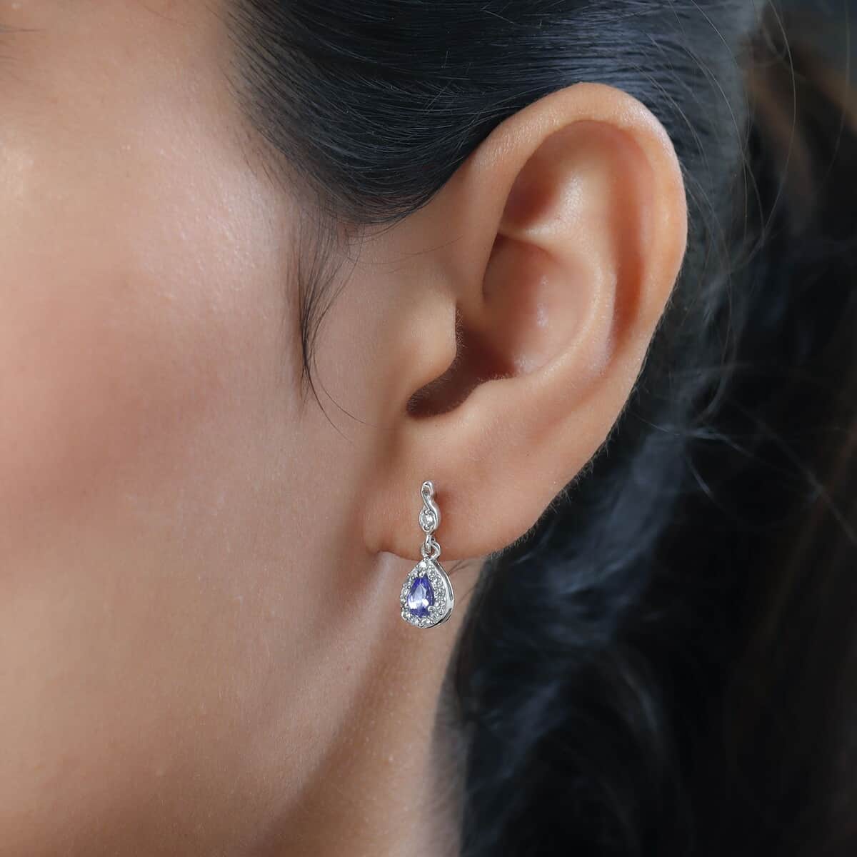 AAA Tanzanite and White Zircon Drop Earrings in Platinum Over Sterling Silver 0.65 ctw image number 2