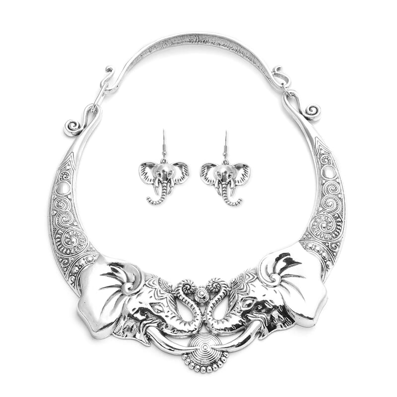 Elephant Earrings and Necklace in Silvertone and Stainless Steel 16 Inches