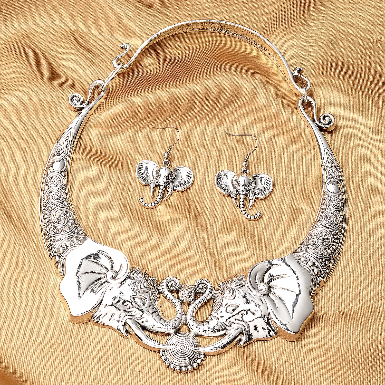 Elephant Earrings and Necklace in Silvertone and Stainless Steel 16 Inches