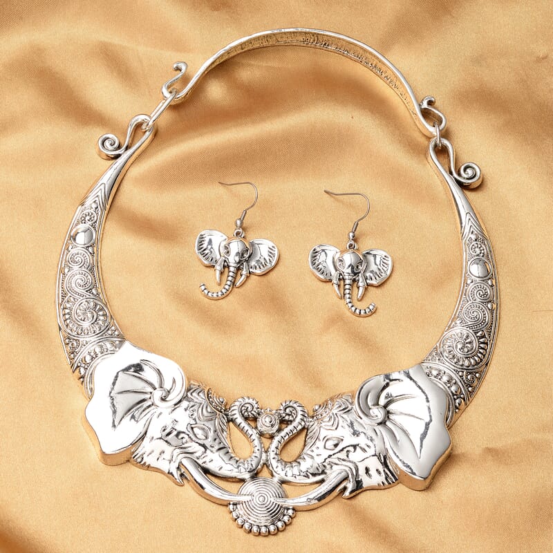 Elephant Earrings and Necklace in Silvertone and Stainless Steel 16 Inches