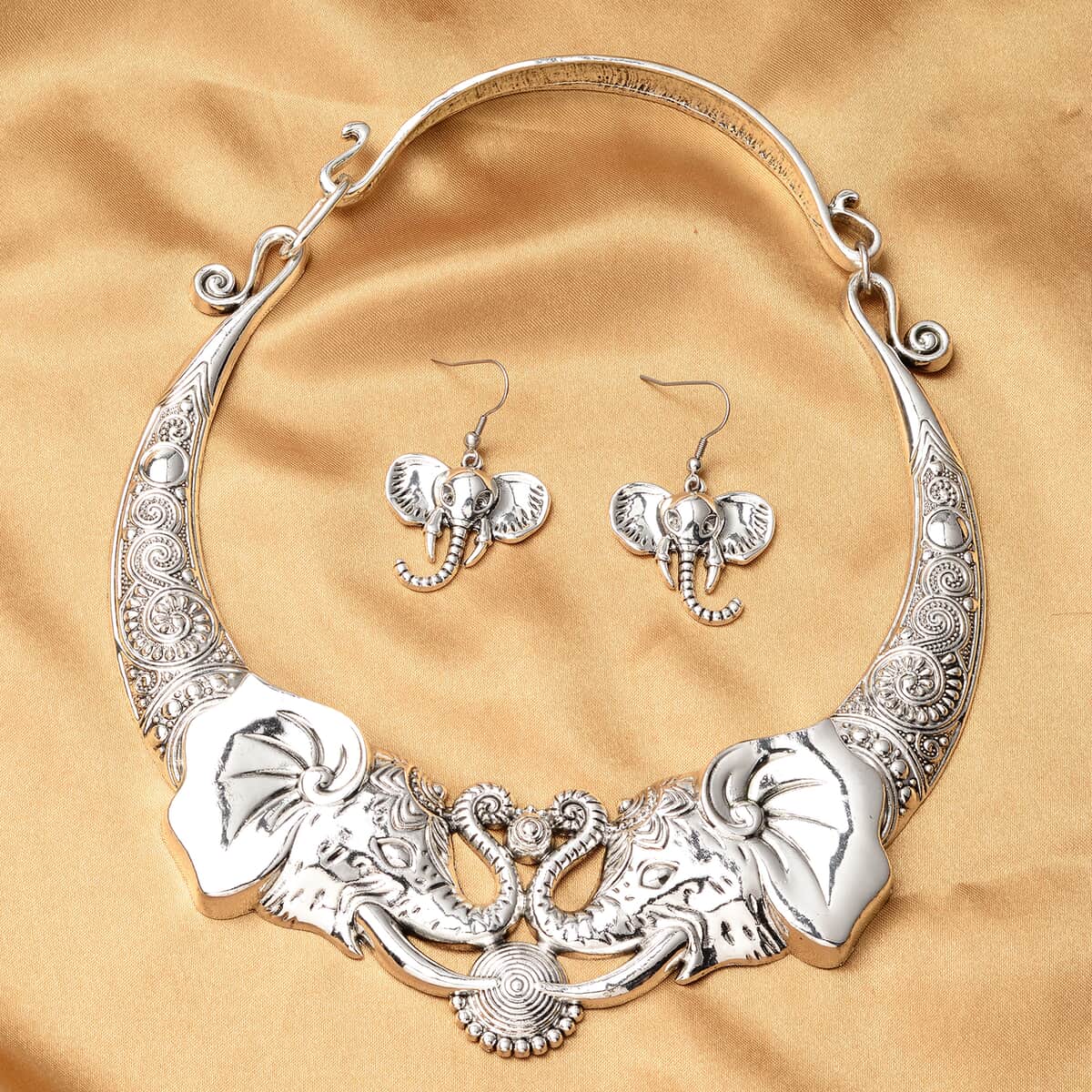 Elephant Earrings and Necklace 16 Inches in Silvertone and Stainless Steel image number 1