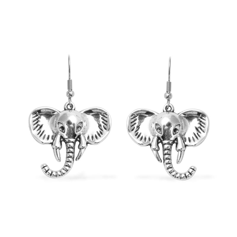 Elephant Earrings and Necklace in Silvertone and Stainless Steel 16 Inches