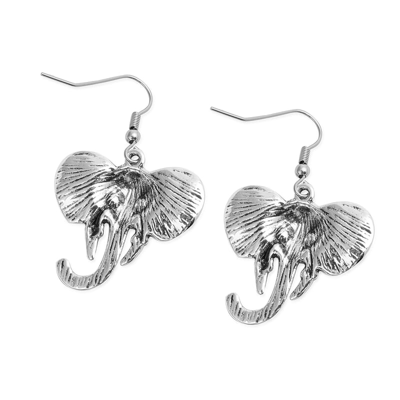 Elephant Earrings and Necklace in Silvertone and Stainless Steel 16 Inches