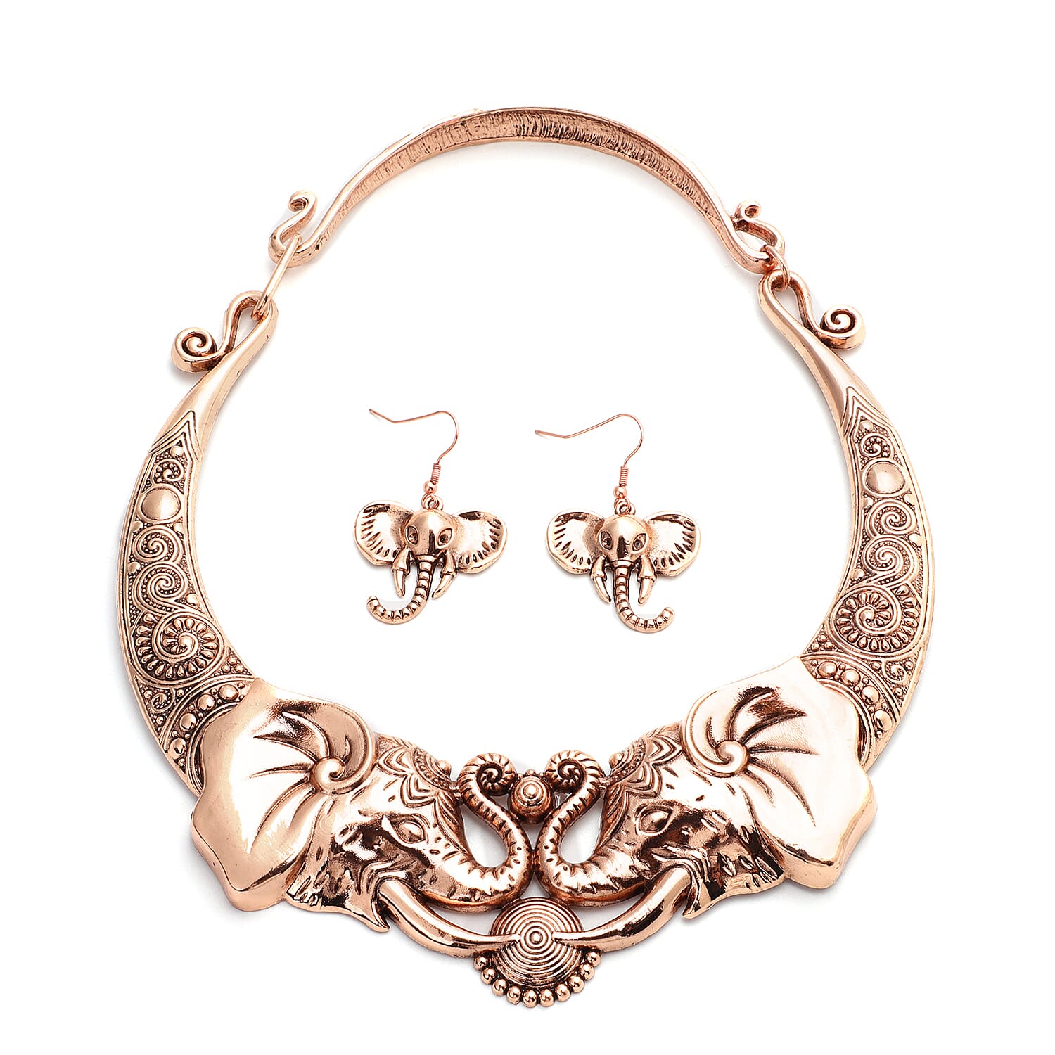 Elephant Earrings and Necklace 16 Inch in Rosetone