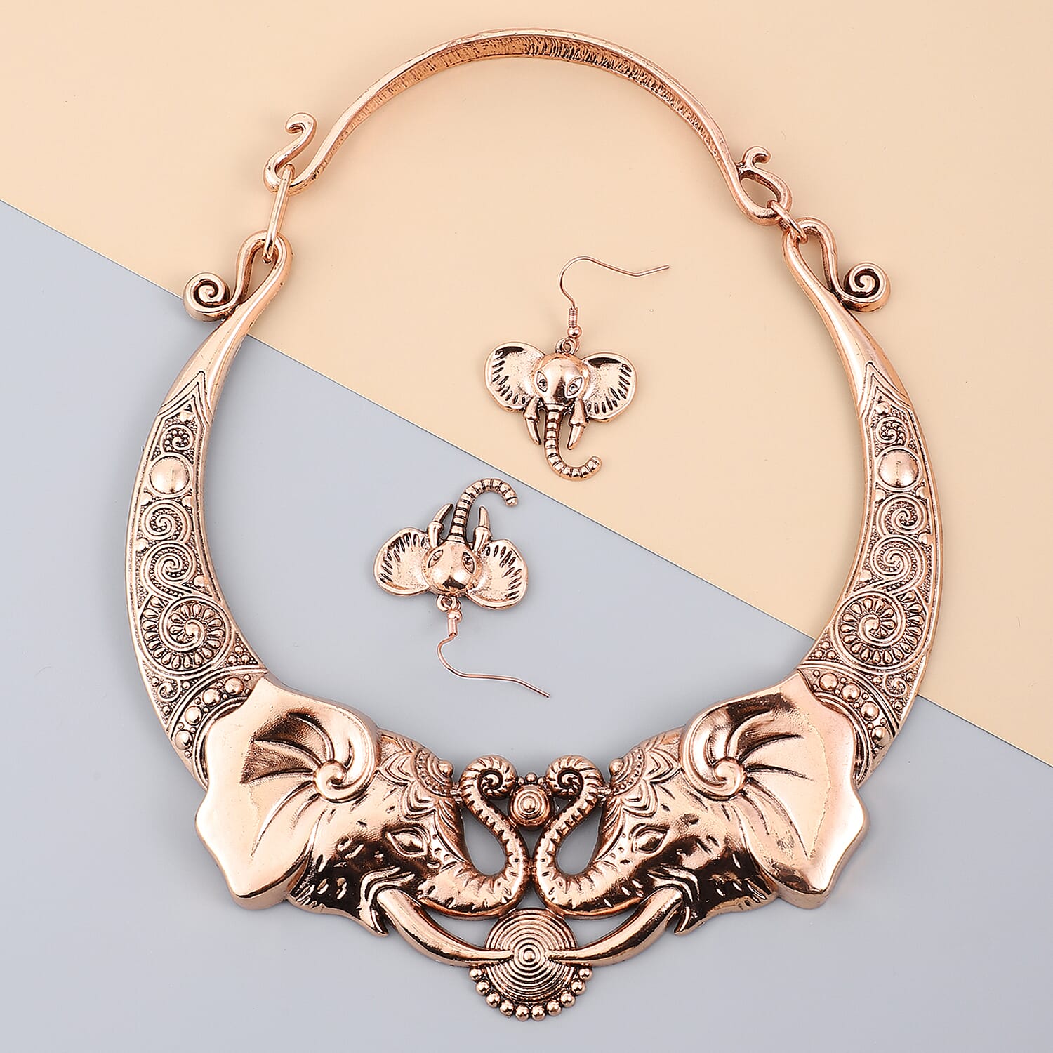 Elephant Earrings and Necklace 16 Inch in Rosetone