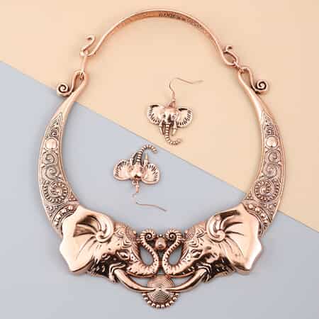 Elephant Earrings and Necklace 16 Inch in Rosetone image number 1
