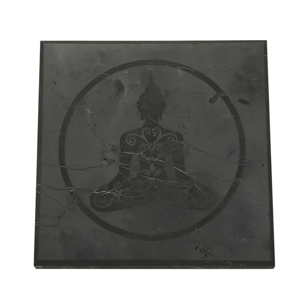 Shungite Polished Square Tile, Buddha Engraved Shungite Stone, Shungite Plate For Phone, Shungite Phone Plate 1394.00 ctw image number 0