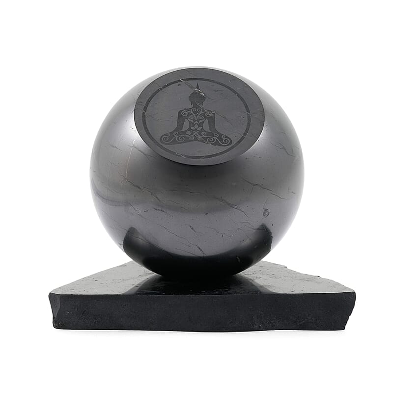 Buddha Engraved Shungite Sphere with Stand 8cm Approx. 629.00 ctw