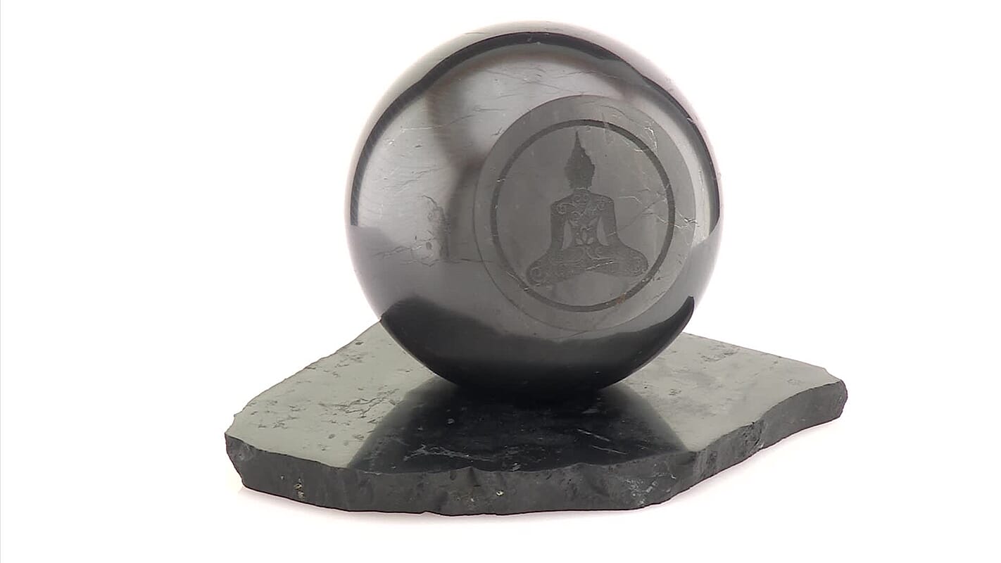 Buddha Engraved Shungite Sphere with Stand 8cm Approx. 629.00 ctw