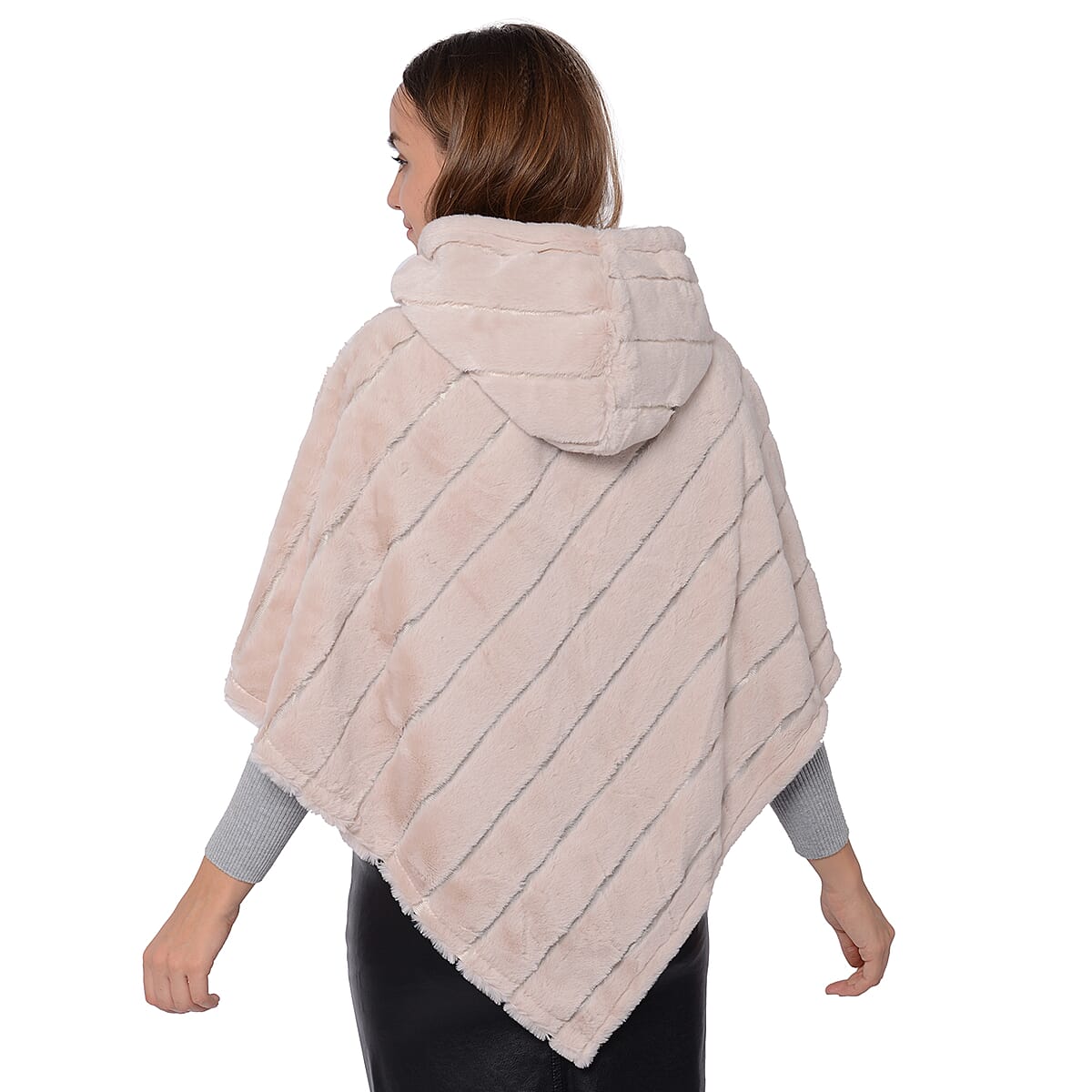 Passage Off White Faux Fur Drawstring Hooded Textured Poncho with Simulated Pearl Accent (One Size Fits Most) image number 1