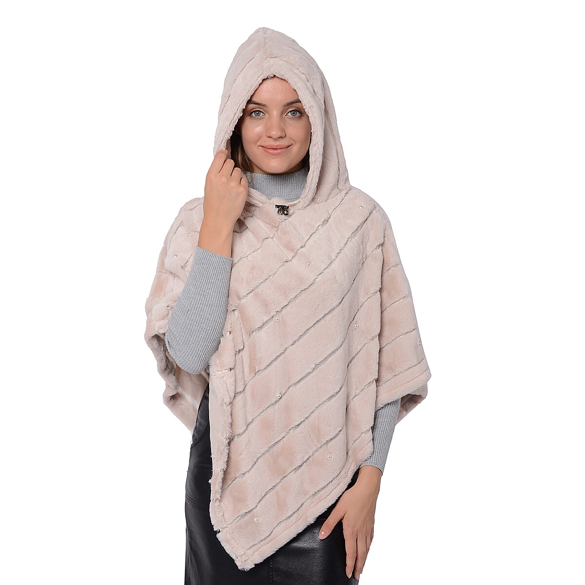 Passage Off White Faux Fur Drawstring Hooded Textured Poncho with Simulated Pearl Accent (One Size Fits Most) image number 2