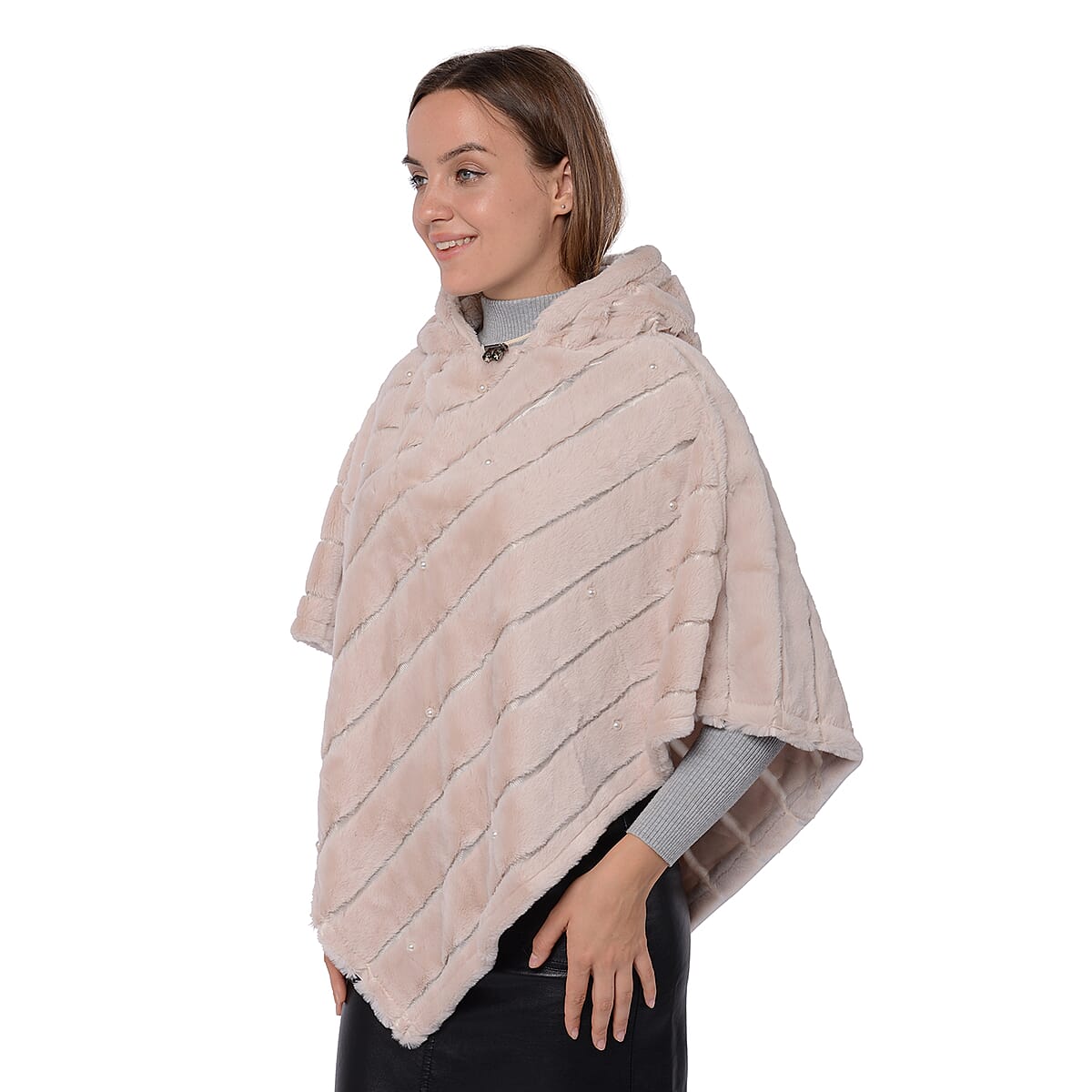 Passage Off White Faux Fur Drawstring Hooded Textured Poncho with Simulated Pearl Accent (One Size Fits Most) image number 3