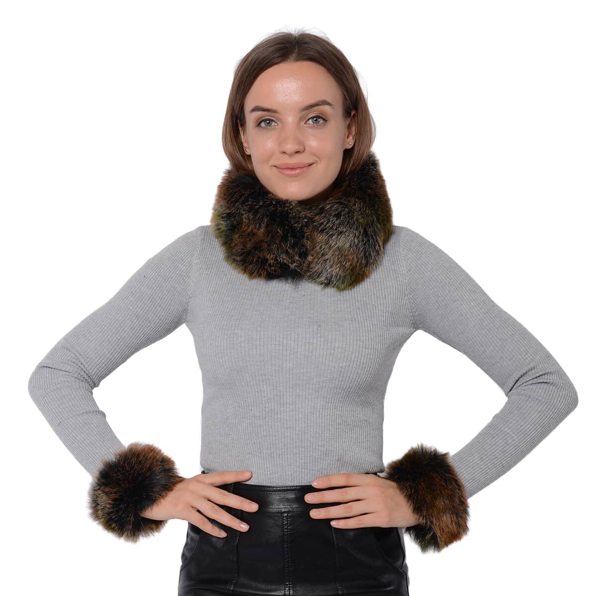 Navy 100% Polyester Faux Fur Scarf (3.5x22) and Hand Cuffs (9.4x1.9) image number 0