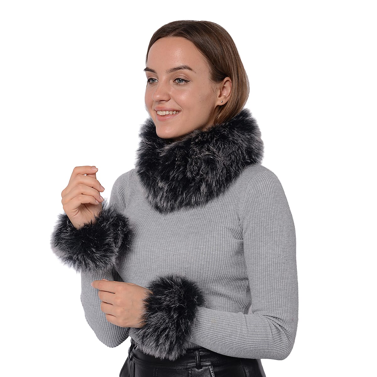 Charcoal 100% Polyester Faux Fur Scarf and Hand Cuffs image number 1