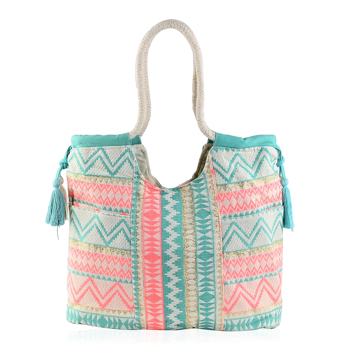 Buy TWIG ARROW Aztec Turquoise Canvas Drawstring Tassels Tote