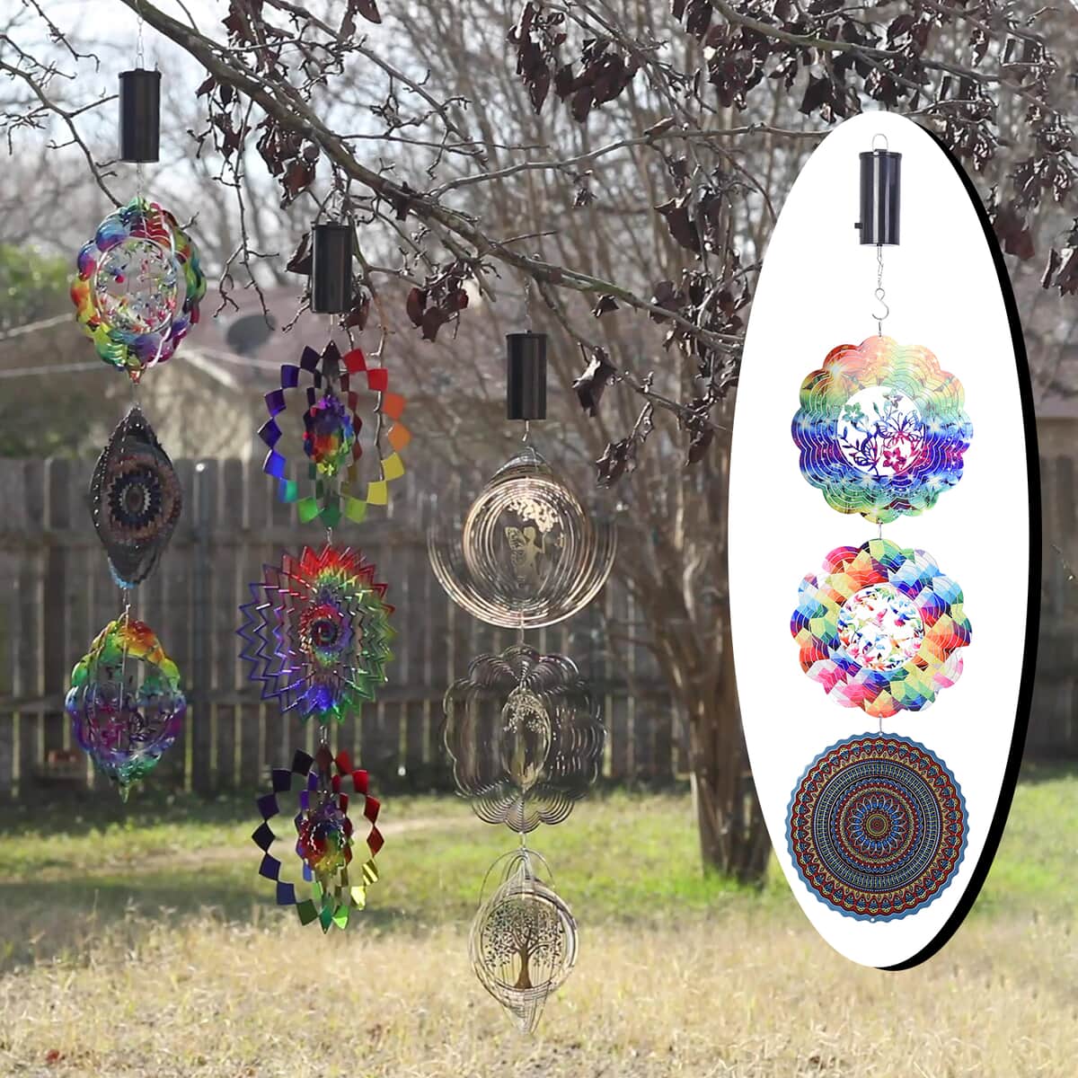 Set of 3 Butterfly, Birds and Tribal Pattern Stainless Steel Wind Spinner with Hanging Motor (12) (3xAA Battery Not Included) image number 1