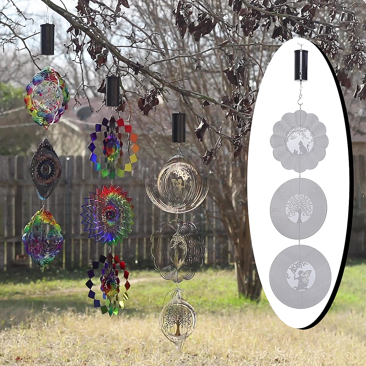Set of 3 Silver Color Stainless Steel Wind Spinner with Hanging Motor (3xAA Battery Not Included) image number 1