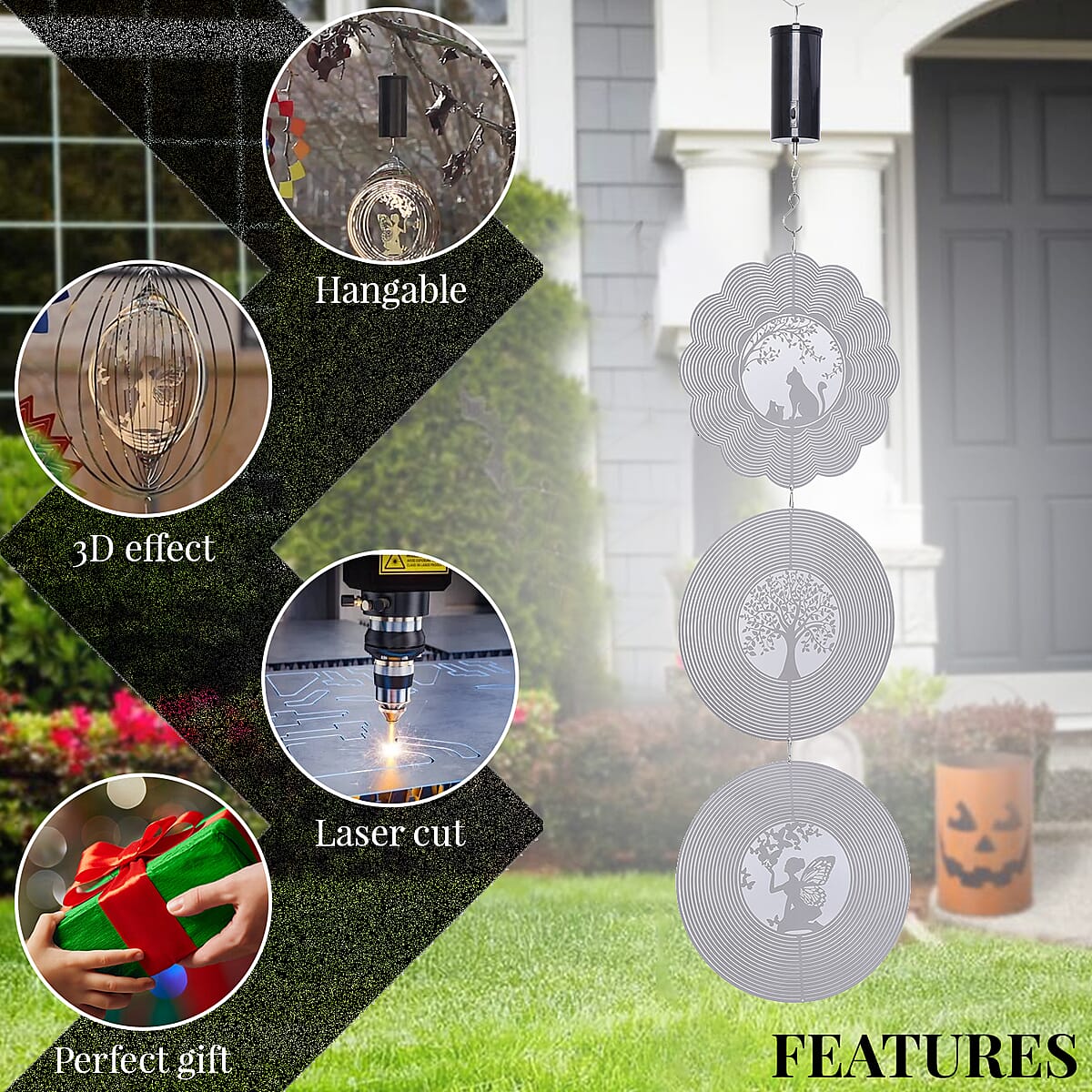 Set of 3 Silver Color Stainless Steel Wind Spinner with Hanging Motor (3xAA Battery Not Included) image number 2