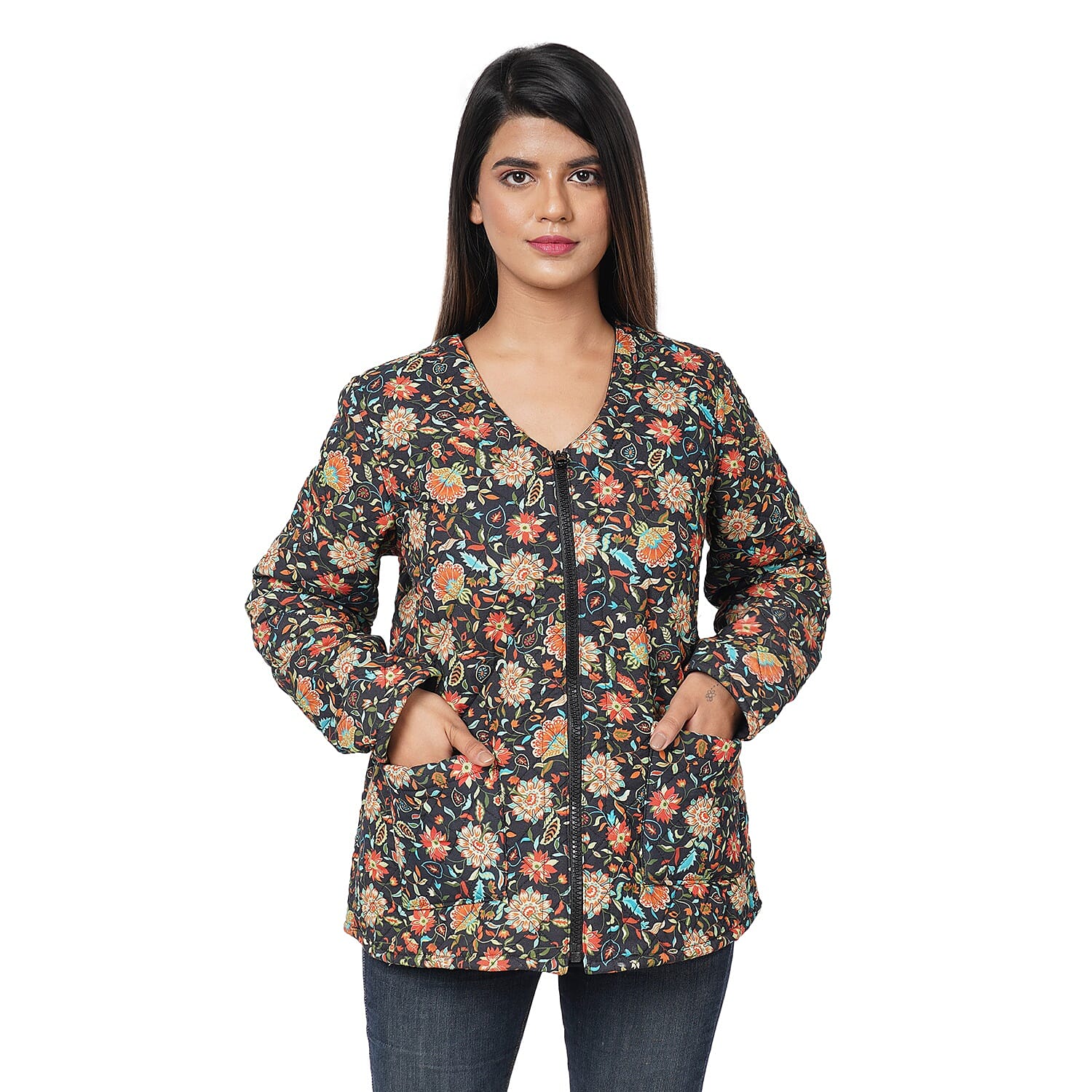 PASSAGE Reversible Quilted Jacket | V-Neck Zippered Quilted Jacket | Floral Print Jacket |100% Viscose Jacket | Black Jacket- S