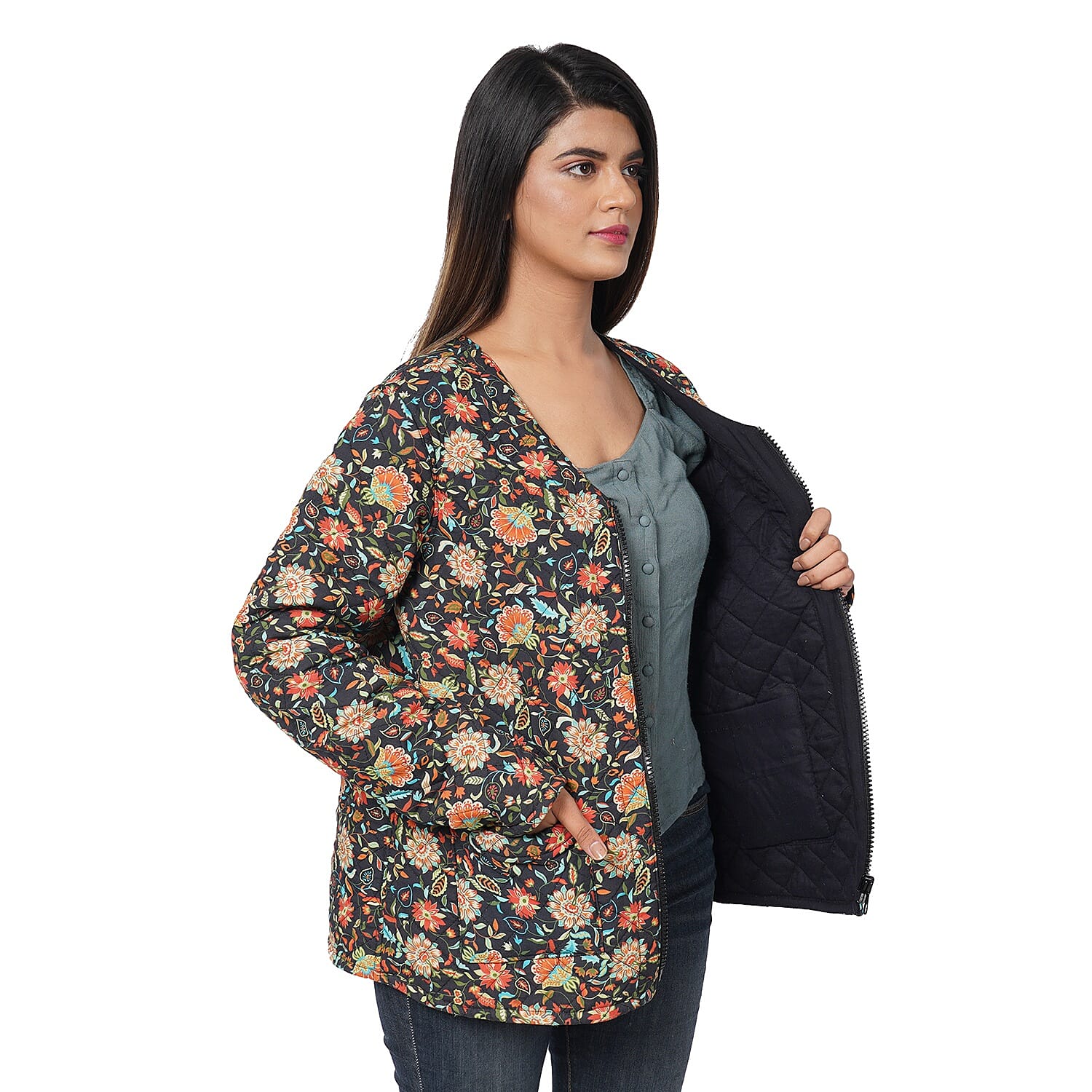 PASSAGE Reversible Quilted Jacket | V-Neck Zippered Quilted Jacket | Floral Print Jacket |100% Viscose Jacket | Black Jacket- S