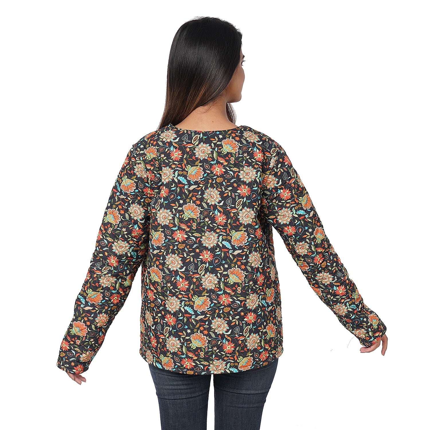 PASSAGE Reversible Quilted Jacket | V-Neck Zippered Quilted Jacket | Floral Print Jacket |100% Viscose Jacket | Black Jacket- S