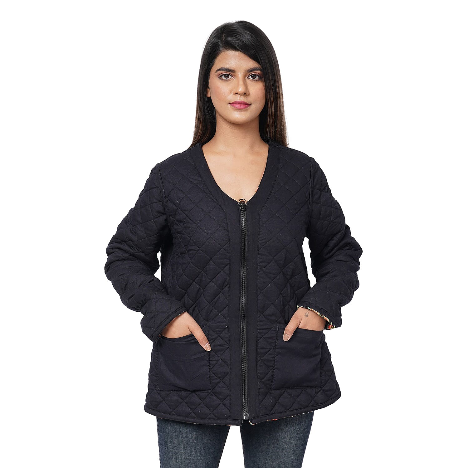 PASSAGE Reversible Quilted Jacket | V-Neck Zippered Quilted Jacket | Floral Print Jacket |100% Viscose Jacket | Black Jacket- S