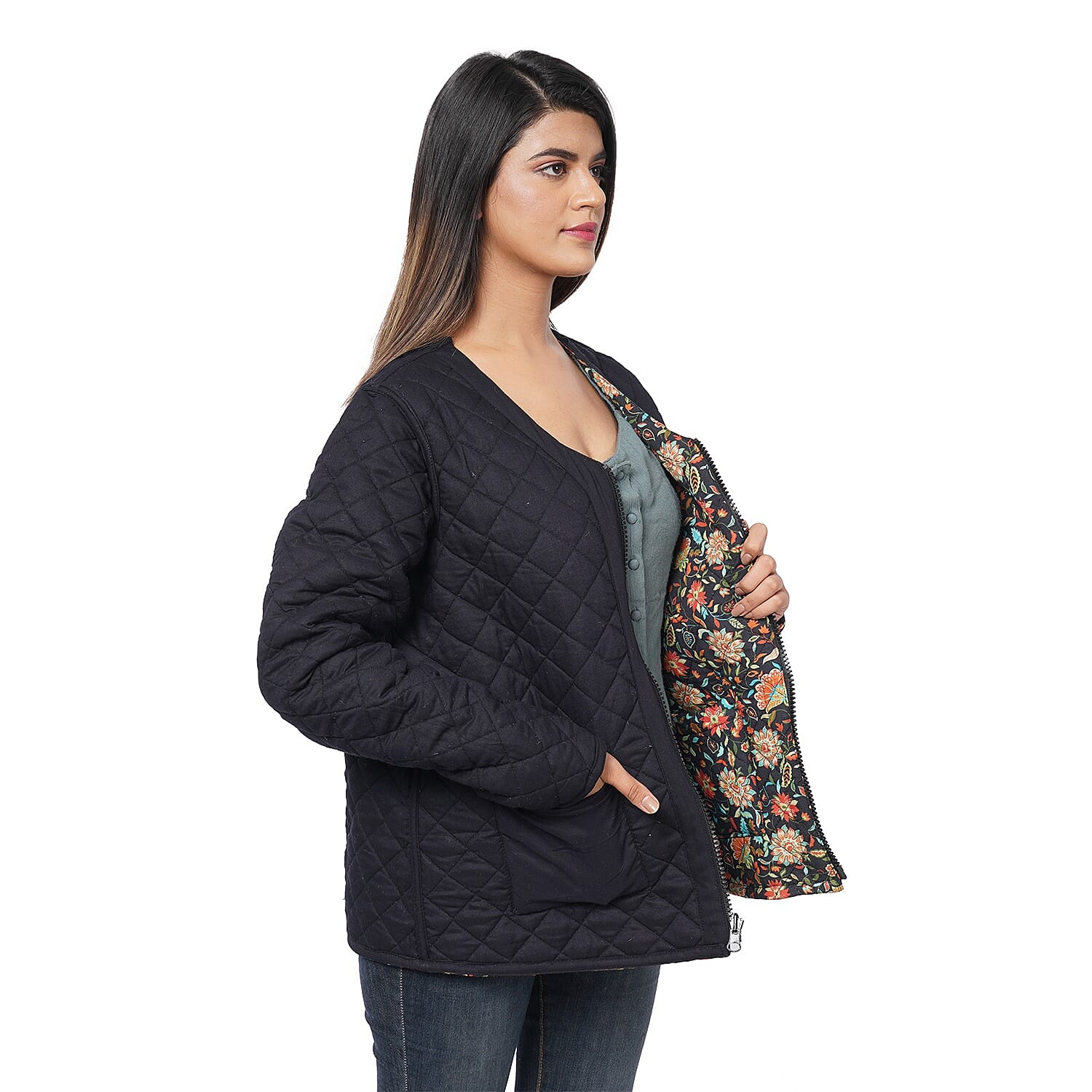 PASSAGE Reversible Quilted Jacket | V-Neck Zippered Quilted Jacket | Floral Print Jacket |100% Viscose Jacket | Black Jacket- S