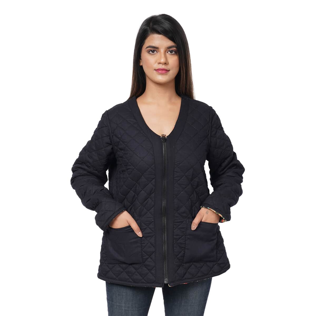 PASSAGE Reversible V-Neck Zippered Quilted Jacket - Floral Print/Reverse Side Black (100% Viscose) - S image number 4